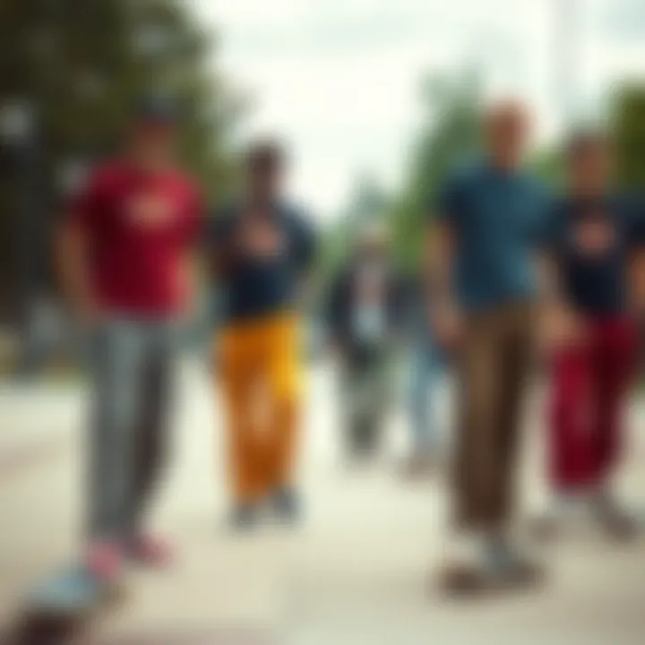 Diverse Styles of Dickies Corduroy Pants in Skate Culture A group of skateboarders in a park, highlighting diverse styles of Dickies corduroy pants