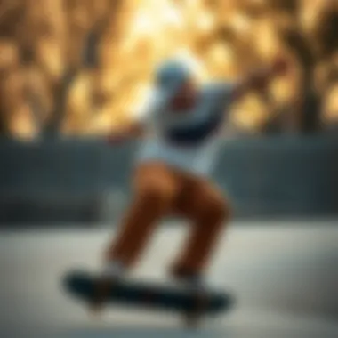 Skateboarder in Action with Dickies Corduroy Pants Skateboarder performing tricks while wearing Dickies corduroy pants