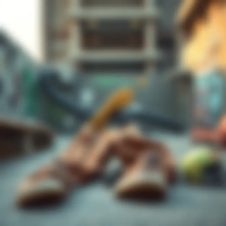 Dickies Corduroy Pants with Skate Gear in an Urban Setting An urban backdrop featuring a pair of Dickies corduroy pants laid out with skate gear