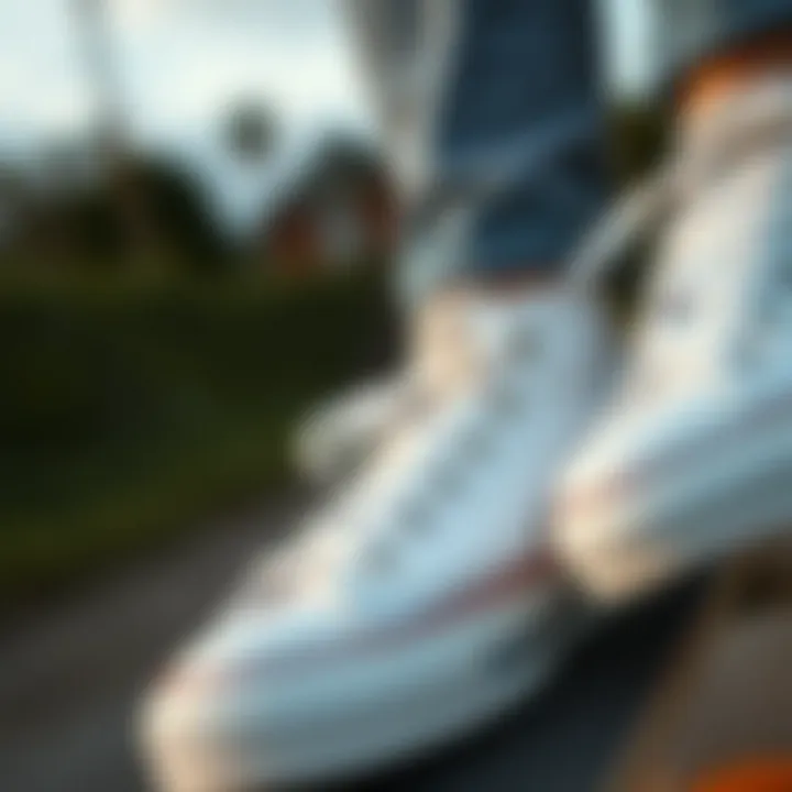 A close-up view of plain white Converse shoes on a skateboard