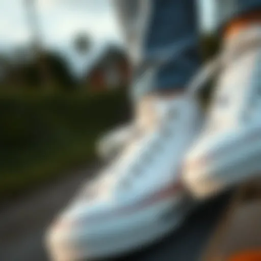 Plain White Converse: Close-up on Skateboard A close-up view of plain white Converse shoes on a skateboard