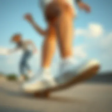 Women skating in plain white Converse shoes, capturing movement and style