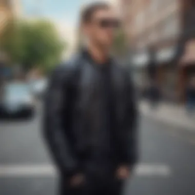 A man wearing an all black bomber jacket paired with casual attire in a street environment