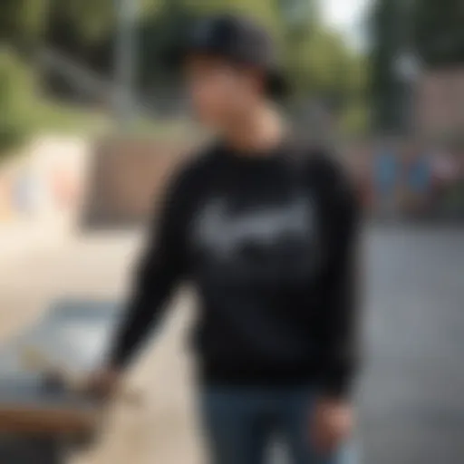 A black cropped crewneck worn in a skate park setting