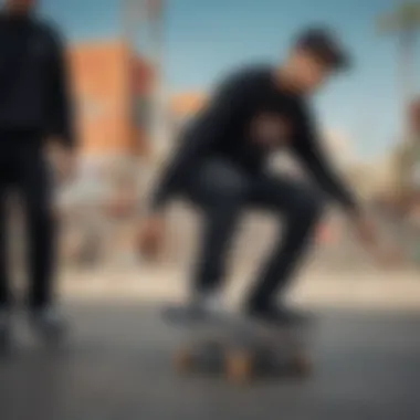 Skaters showcasing individual styles featuring the black cropped crewneck