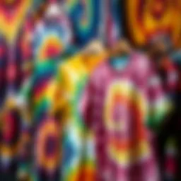 A vibrant display of various tie dye shirts showcasing different patterns and colors
