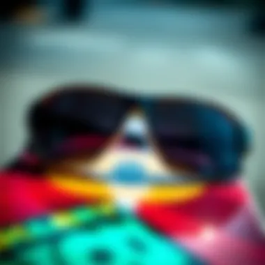 Close-up of Oakley sunglasses on a skateboard deck