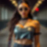 A model showcasing a stylish metal crop top paired with edgy accessories