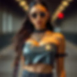 A model showcasing a stylish metal crop top paired with edgy accessories