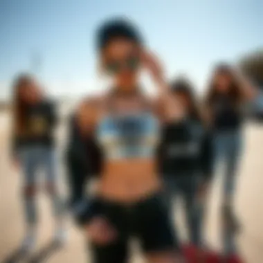 Versatile Styling of Metal Crop Tops Diverse styling options for a metal crop top in various modern outfits