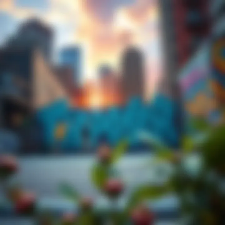 A vibrant mural depicting the essence of skate culture in a city landscape.