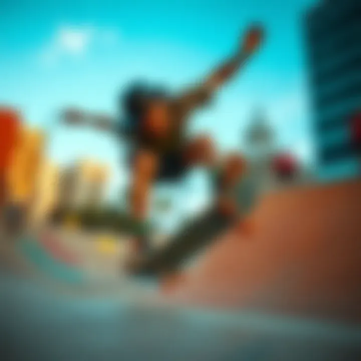A skateboarder performing an impressive trick in an urban skatepark.