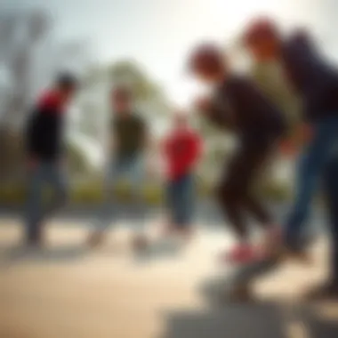 A group of skateboarders sharing camaraderie during a skate session at a local park.