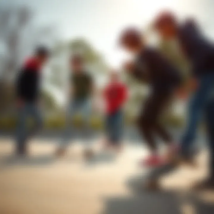 A group of skateboarders sharing camaraderie during a skate session at a local park.