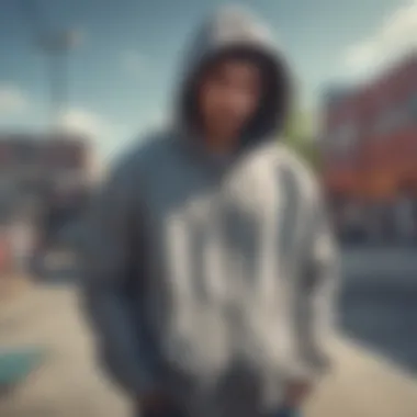 A skateboarder wearing a zip front hoodie in an urban skate park setting.