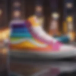 A close-up view of Vans Rainbow High Tops showcasing their vibrant colors and unique design features.