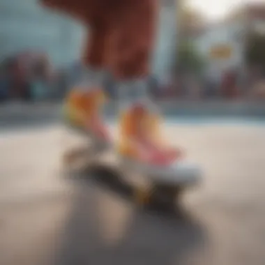 Skaters performing tricks while wearing Vans Rainbow High Tops in an urban skatepark setting.