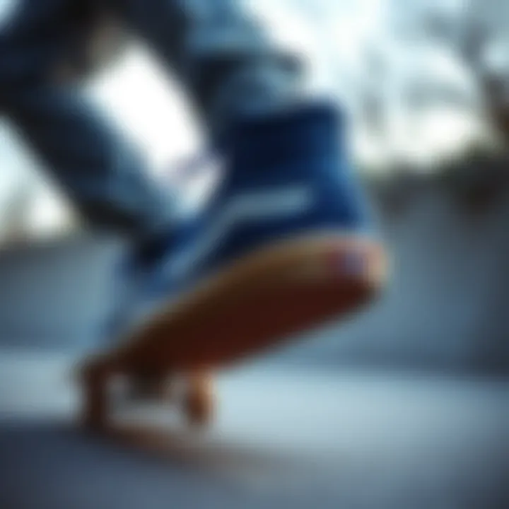 Vans SK8 Hi Royal Blue worn in a skateboarding setting, demonstrating performance