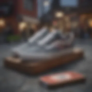 Vans sneakers displayed next to skateboards in an urban skate park setting