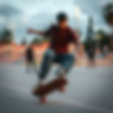 A vibrant skatepark scene showcasing skaters in vegan footwear