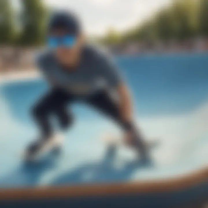 A vibrant skatepark scene featuring skaters sporting clear blue lens glasses.