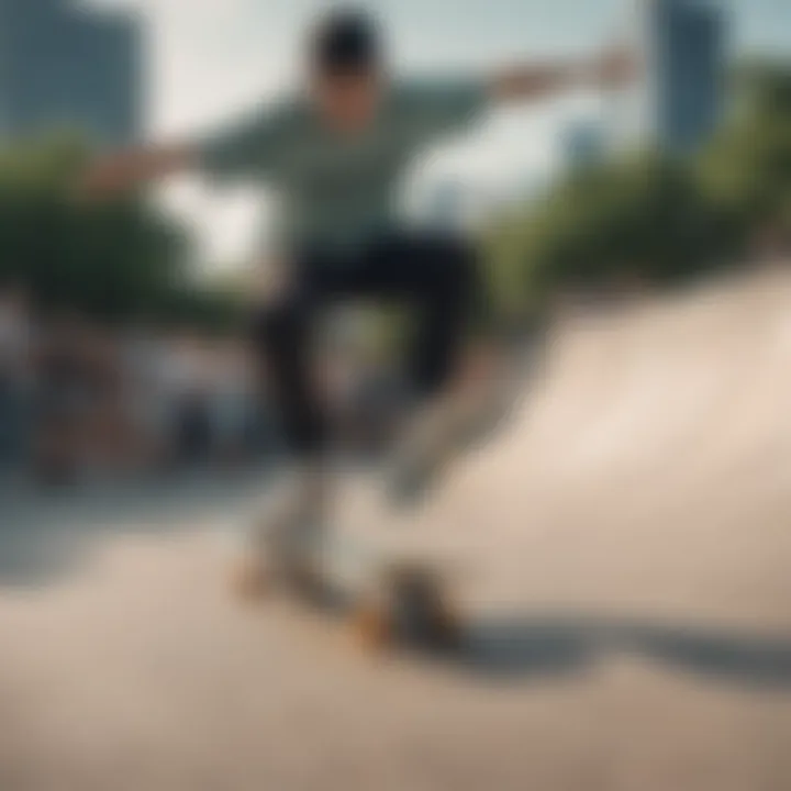 Skateboarder performing tricks using VNLA Mint skates on a skate park ramp