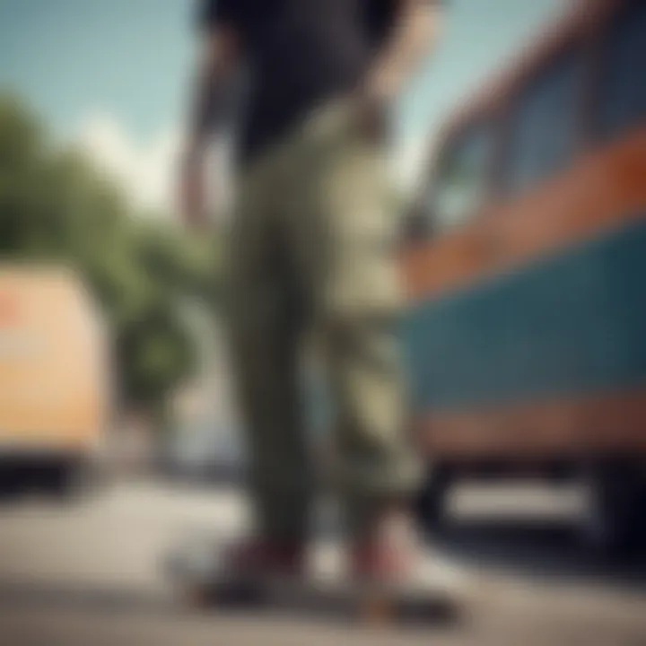 A skateboarder wearing cargo pants while riding