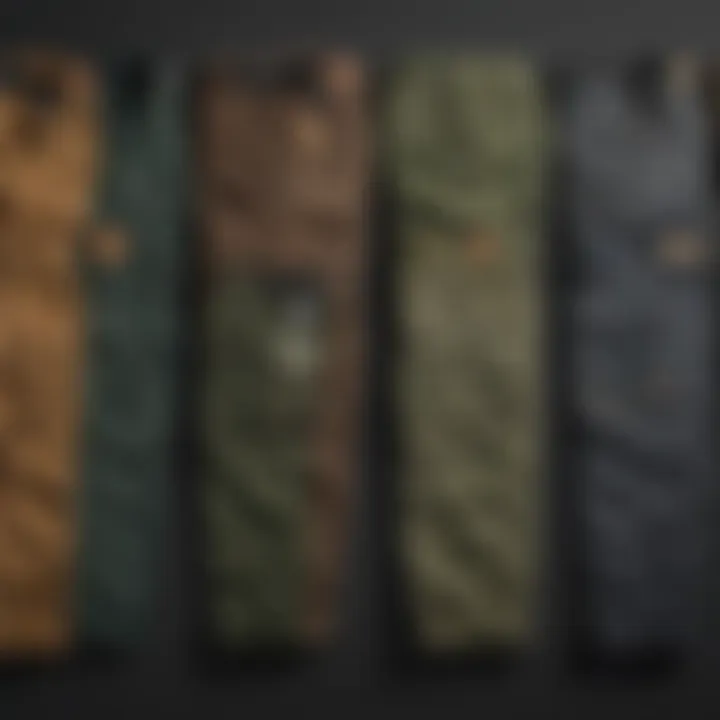 Different styles of cargo pants laid out on a flat surface