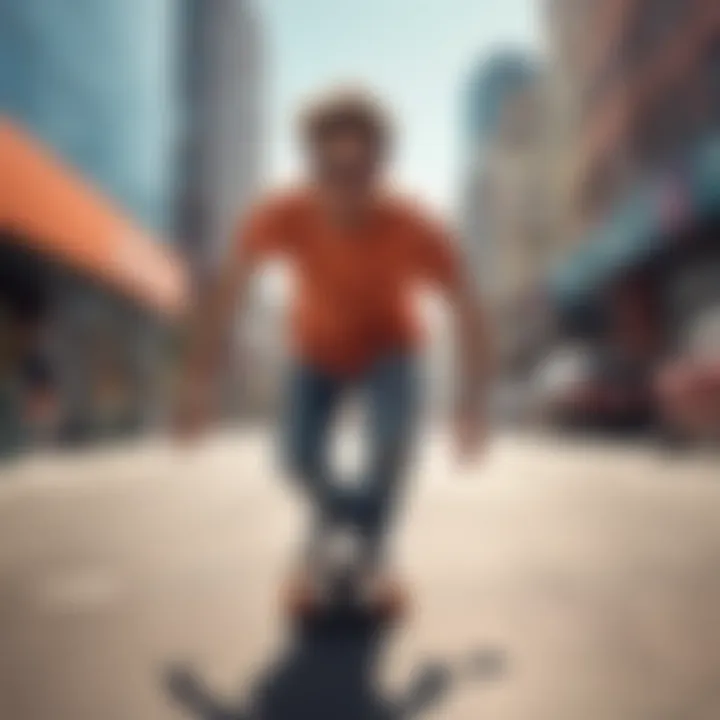 An athlete wearing wraparound sunglasses while skateboarding in a vibrant urban environment.