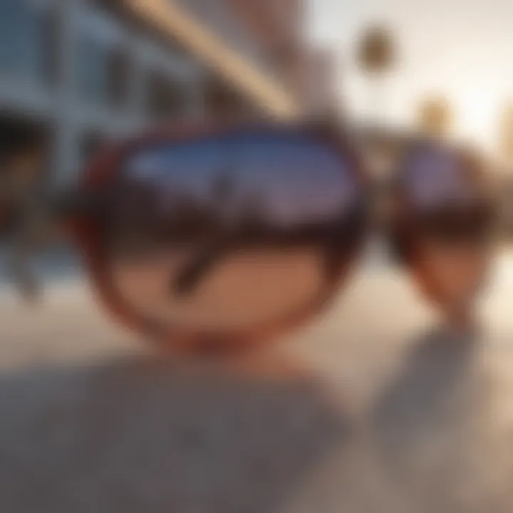 A close-up of a stylish pair of wraparound sunglasses showcasing their sleek design.